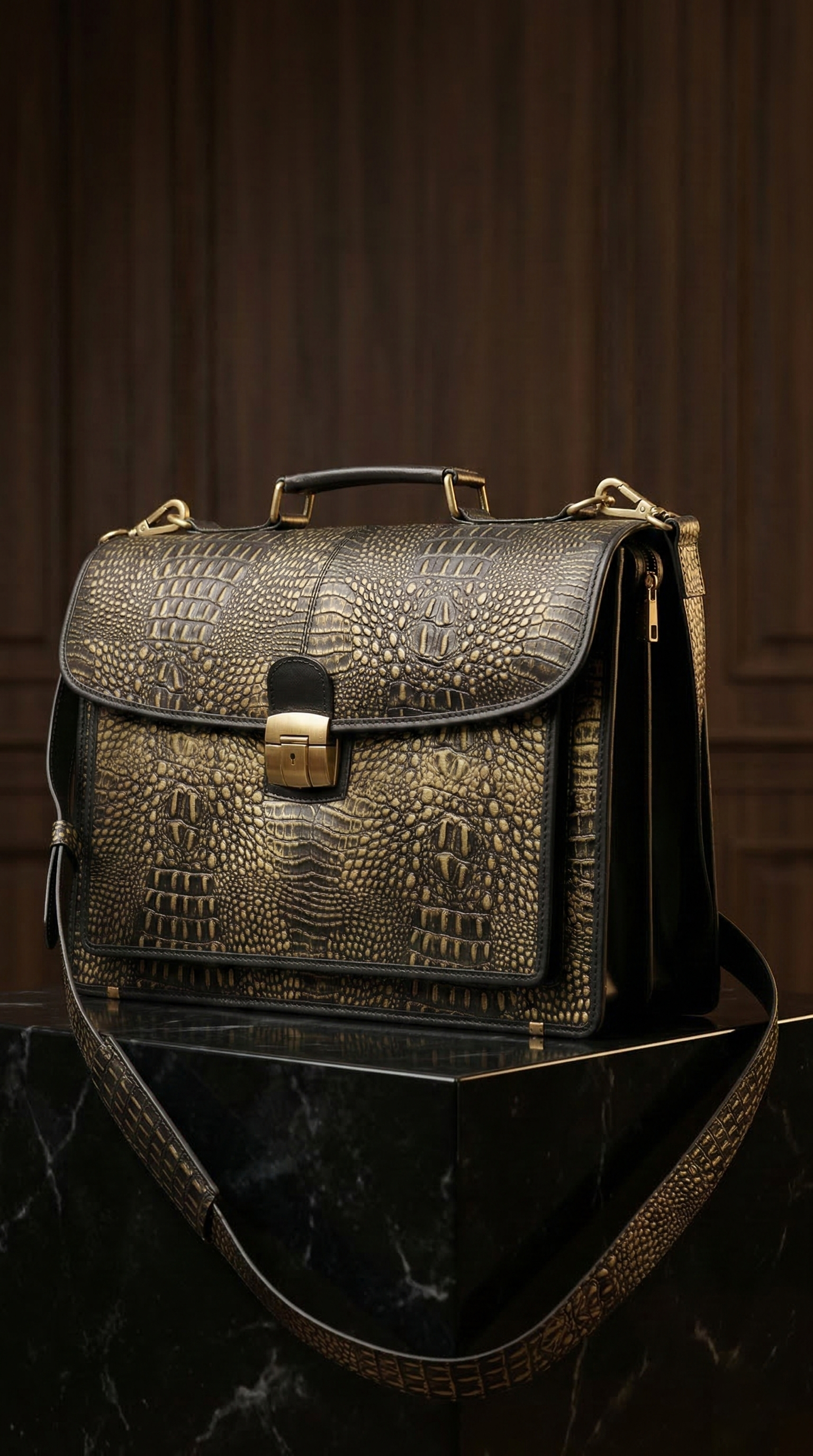 Metallic Gold Alligator Genuine Leather Office Bag
