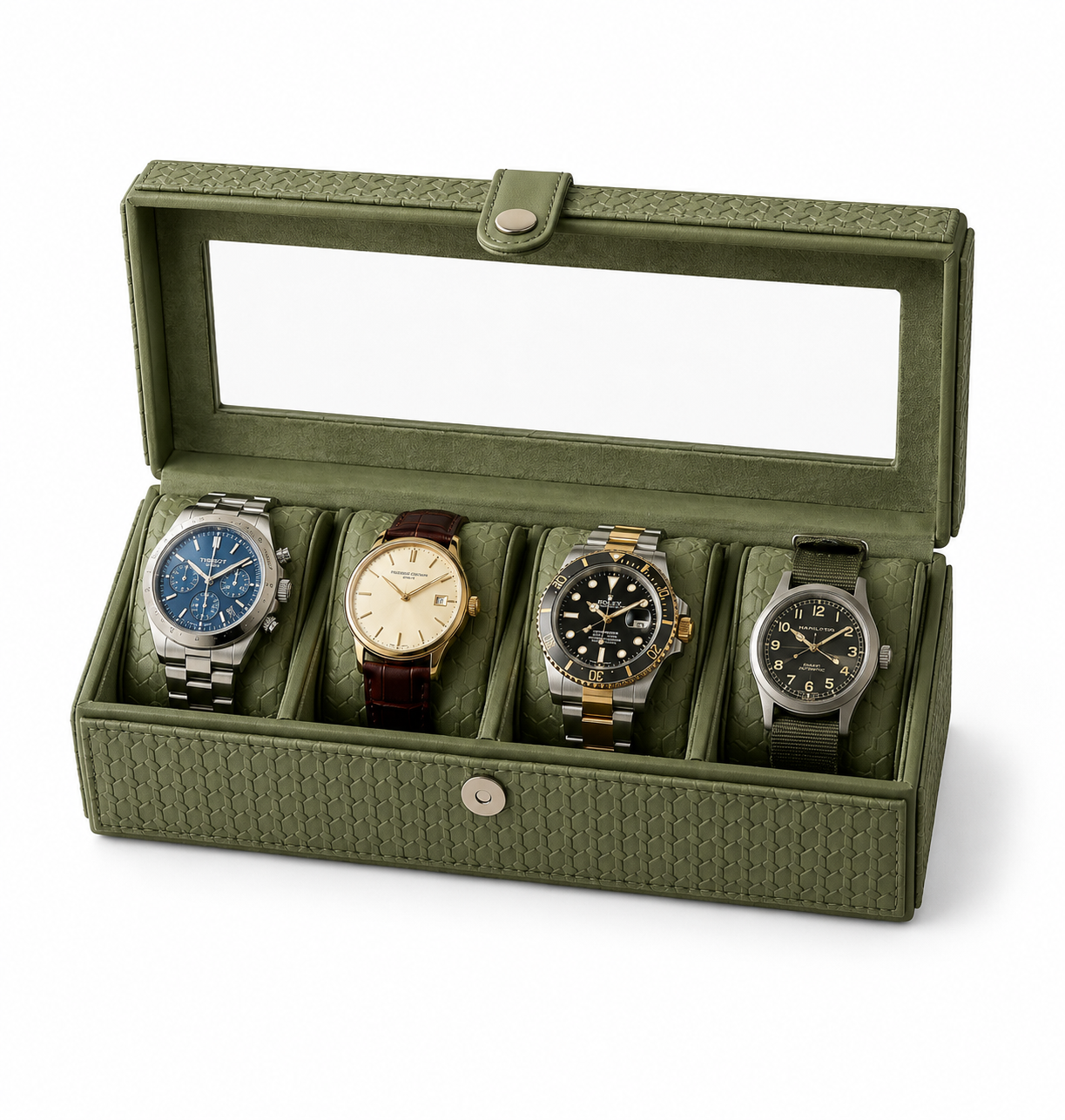Olive Green Leather Watch Box – 4 Slot Organizer