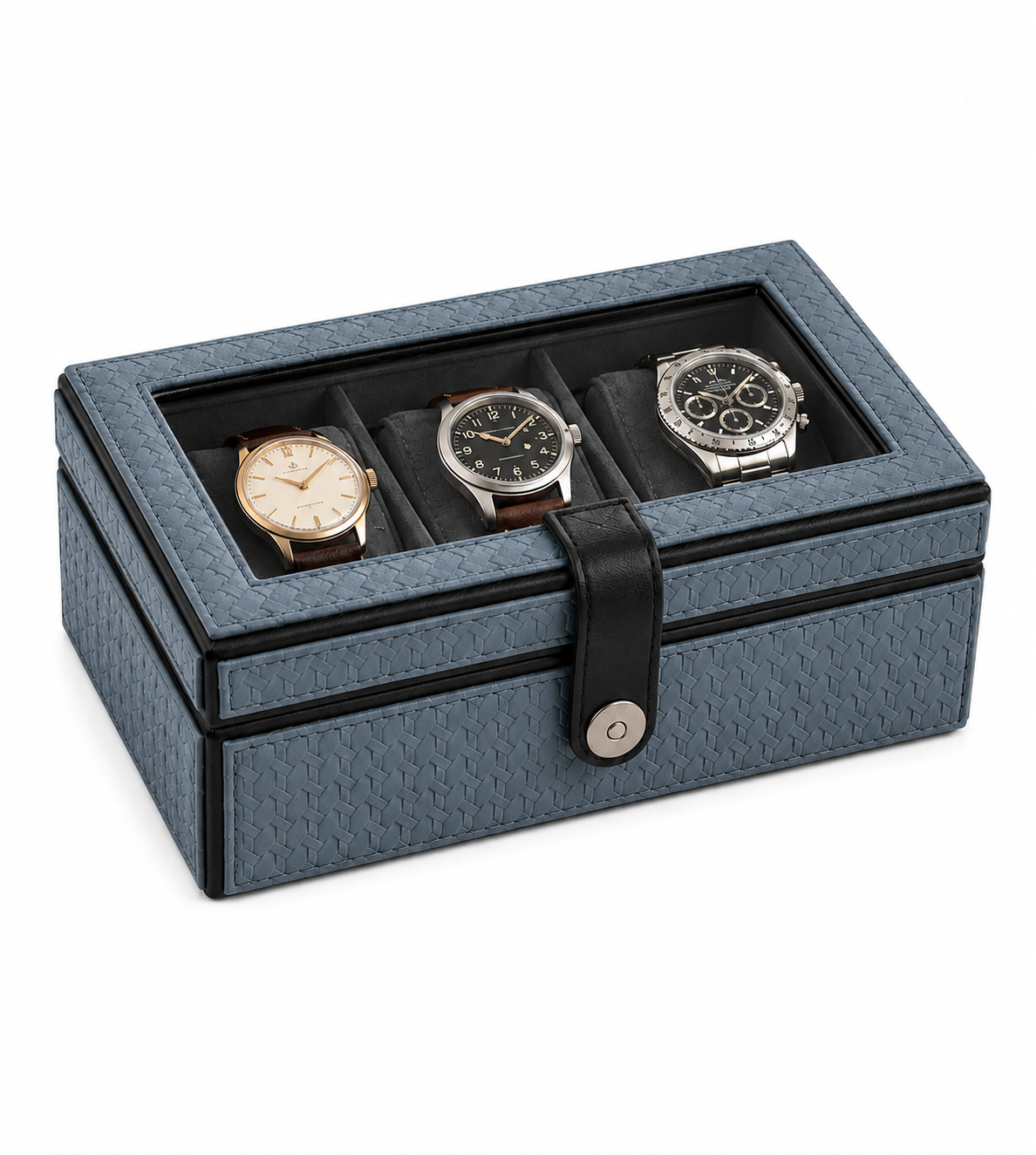 Premium Faux Leather Watch Box Organizer with Glass Lid-3 Slot Organizer